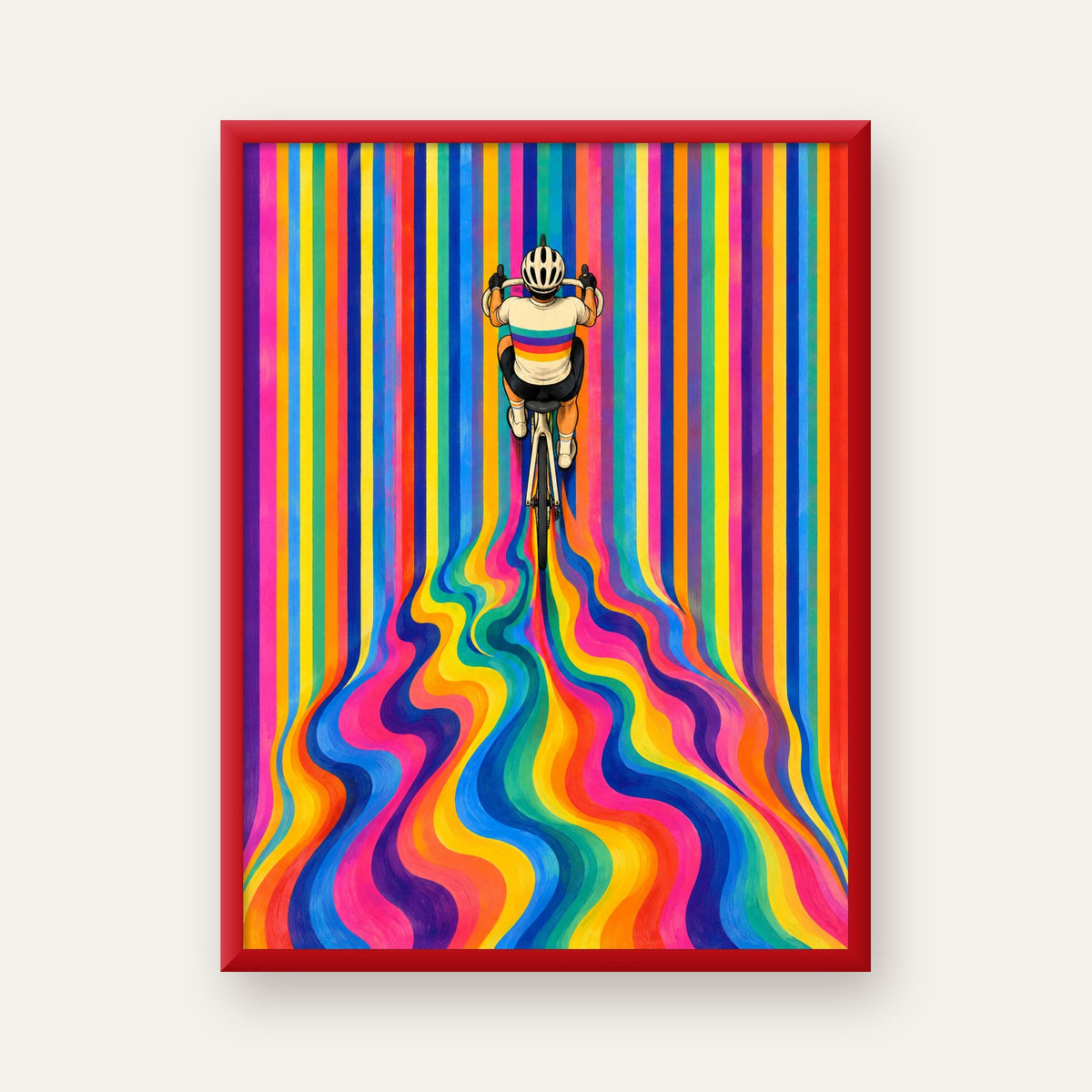 Renkli Çizgiler Arasında Bisikletçi Sanat Poster — kırmızı çerçeveli