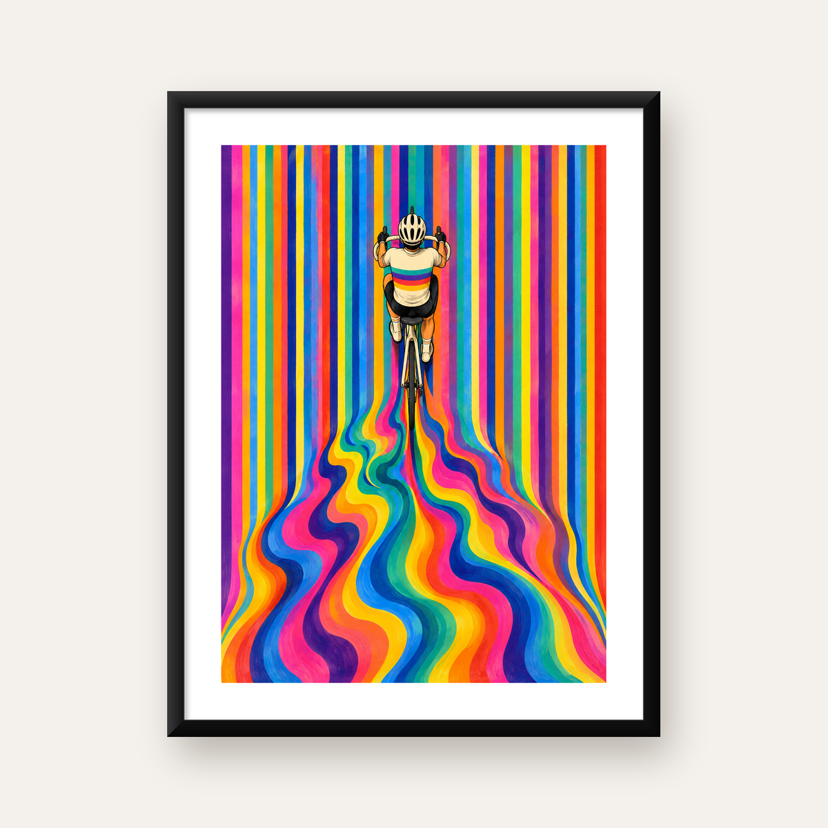 Renkli Çizgiler Arasında Bisikletçi Sanat Poster — Dikey baskı, beyaz paspartulu