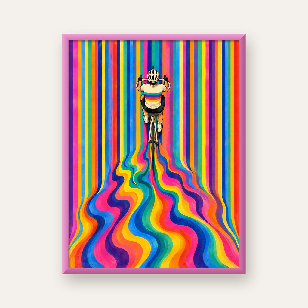 Renkli Çizgiler Arasında Bisikletçi Sanat Poster — pembe çerçeveli
