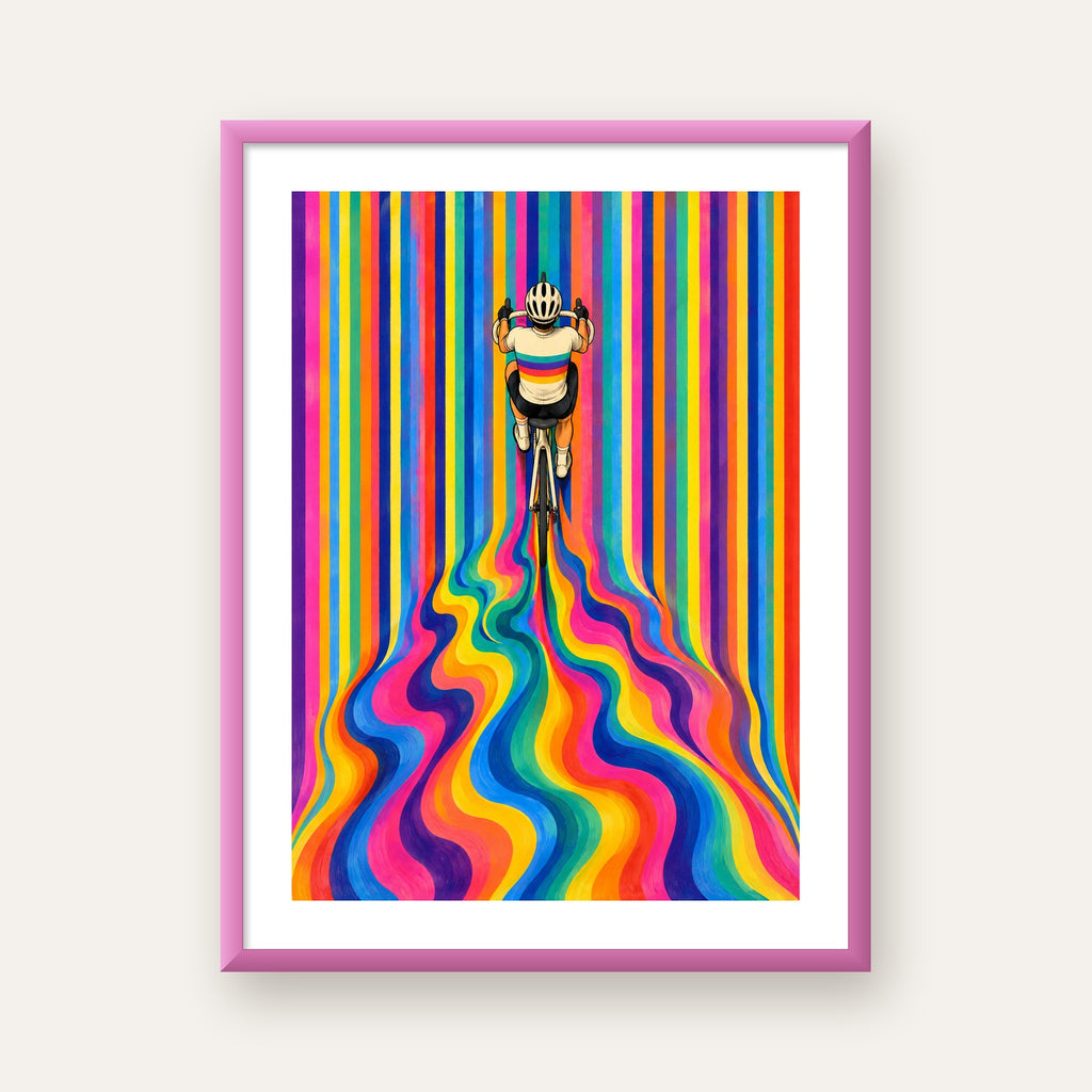 Renkli Çizgiler Arasında Bisikletçi Sanat Poster — pembe çerçeveli paspartulu