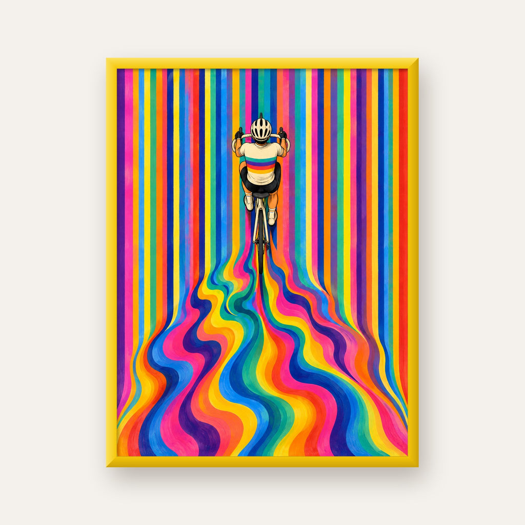 Renkli Çizgiler Arasında Bisikletçi Sanat Poster — sarı çerçeveli