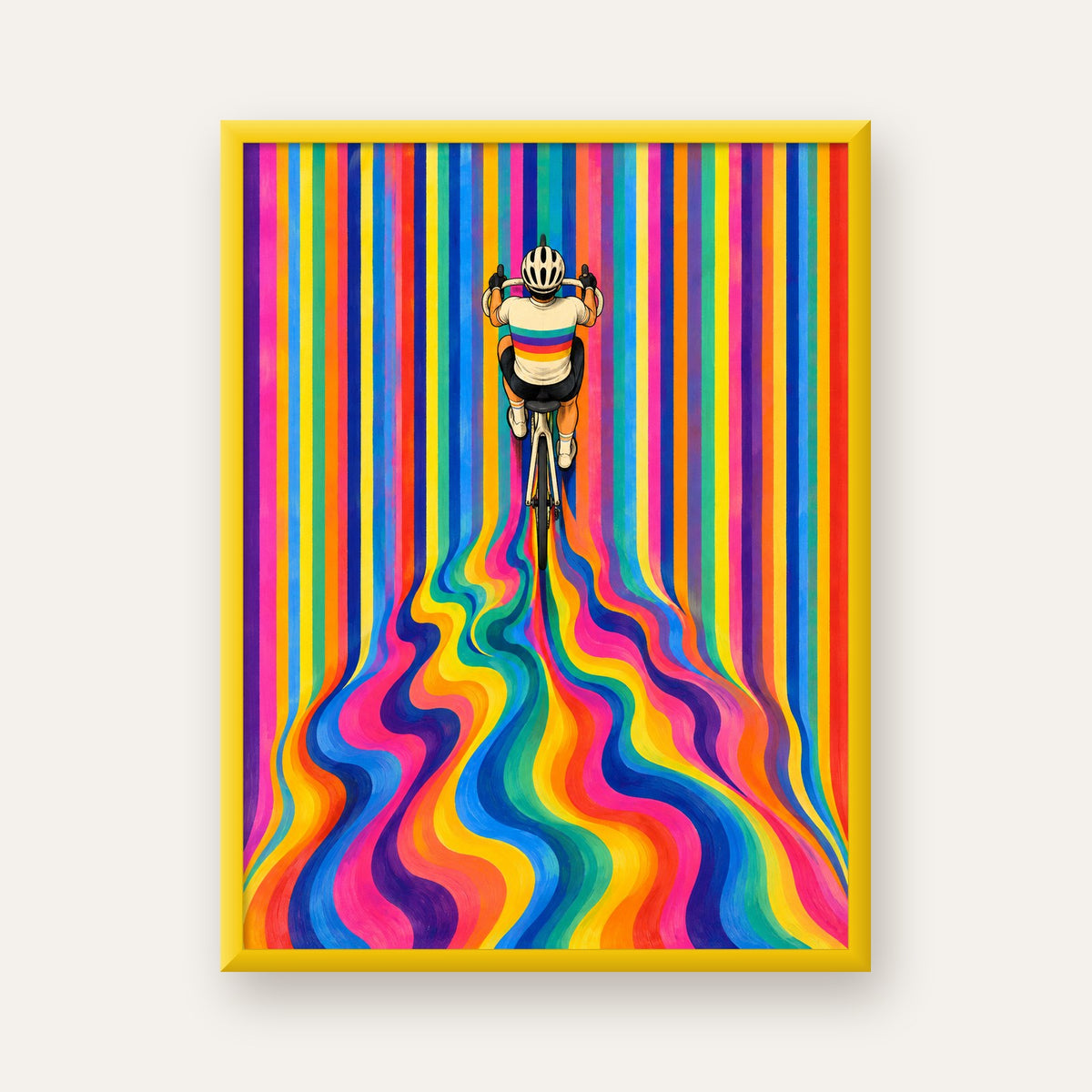 Renkli Çizgiler Arasında Bisikletçi Sanat Poster — sarı çerçeveli