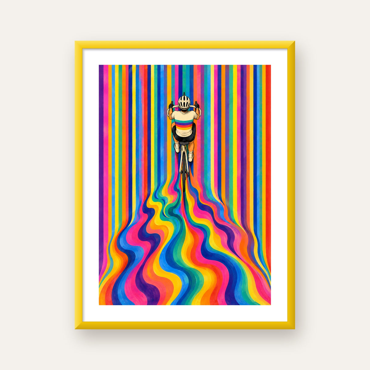 Renkli Çizgiler Arasında Bisikletçi Sanat Poster — sarı çerçeveli paspartulu