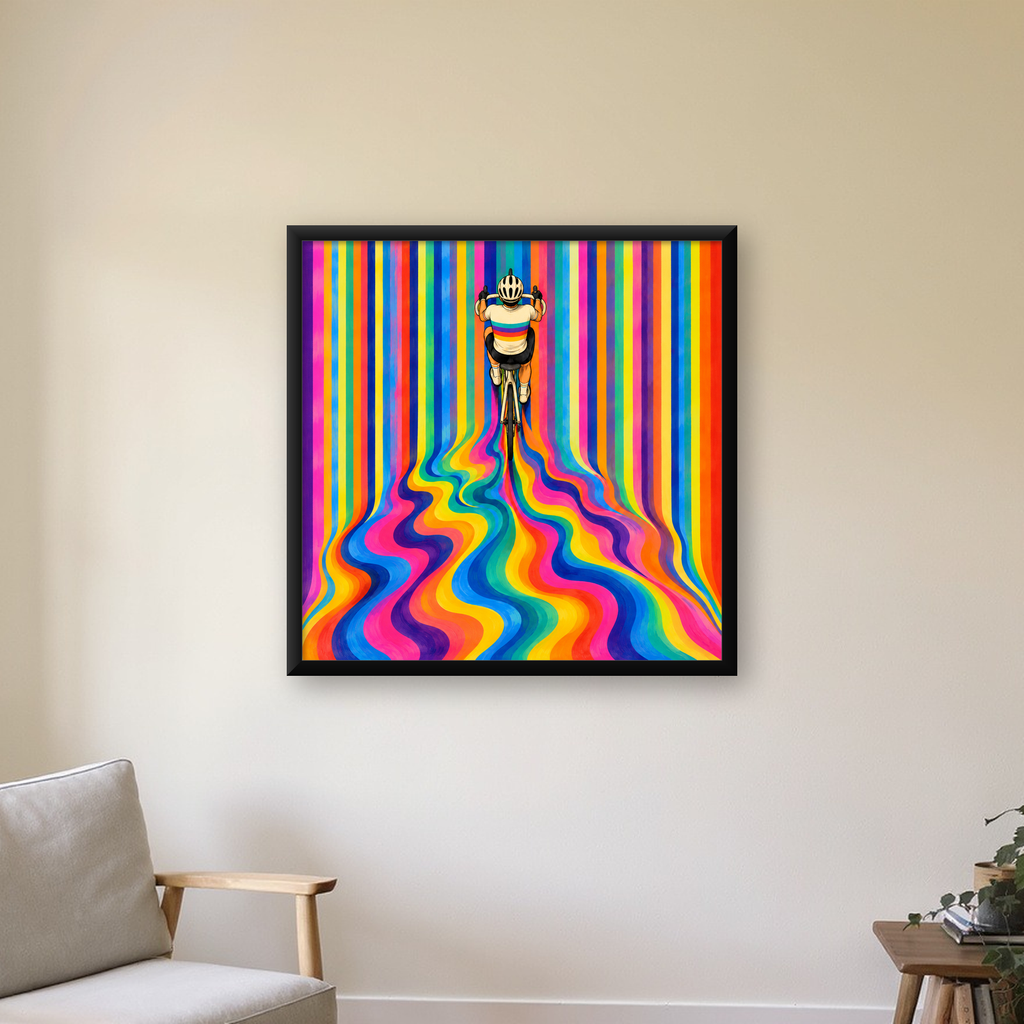 Renkli Çizgiler Arasında Bisikletçi Sanat Poster — Kare baskı, çerçeveli hâliyle bir ev duvarında