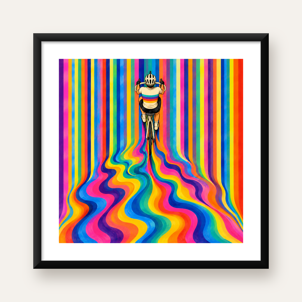 Renkli Çizgiler Arasında Bisikletçi Sanat Poster — Kare baskı, beyaz paspartulu
