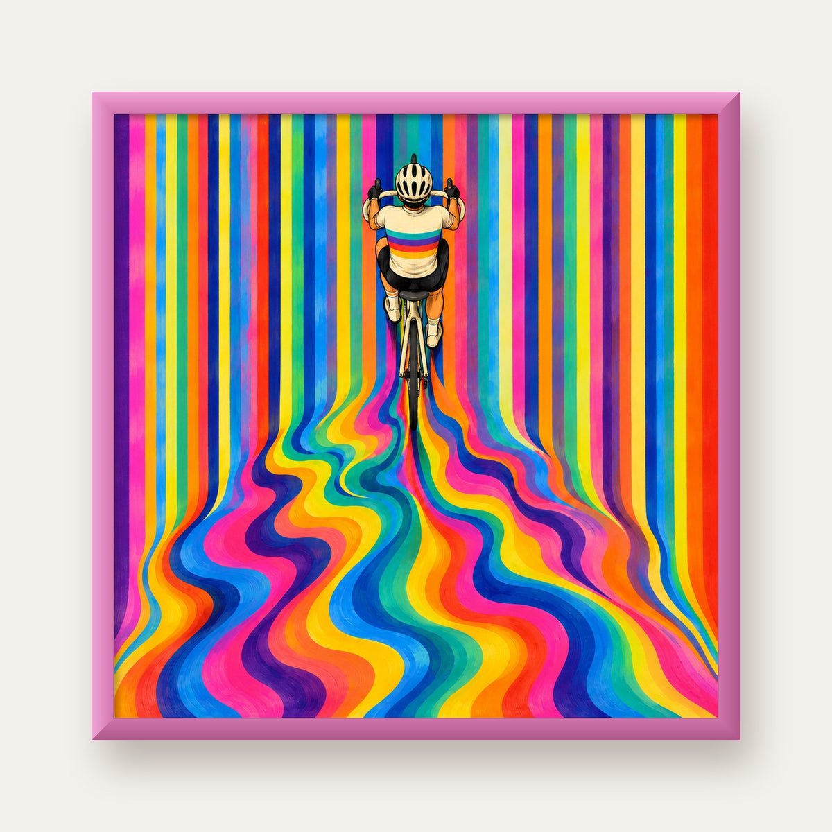 Renkli Çizgiler Arasında Bisikletçi Sanat Poster — pembe çerçeveli
