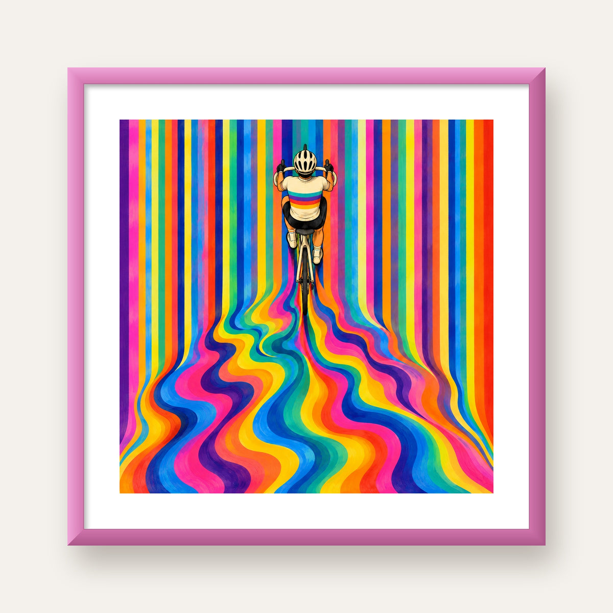Renkli Çizgiler Arasında Bisikletçi Sanat Poster — pembe çerçeveli paspartulu