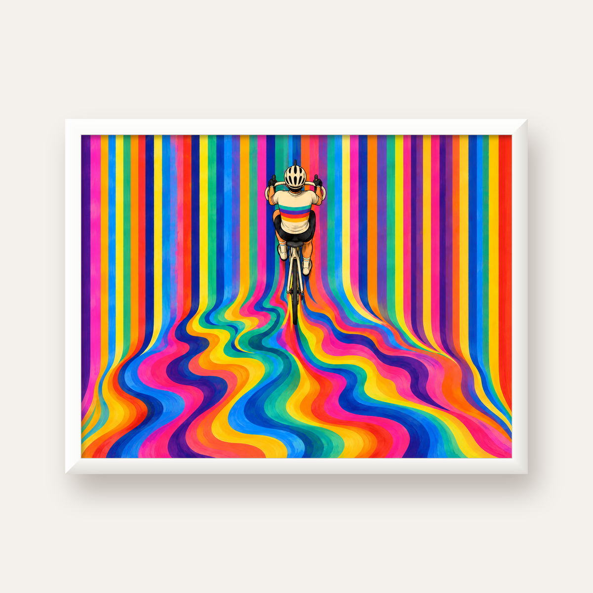 Renkli Çizgiler Arasında Bisikletçi Sanat Poster — beyaz çerçeveli yatay poster