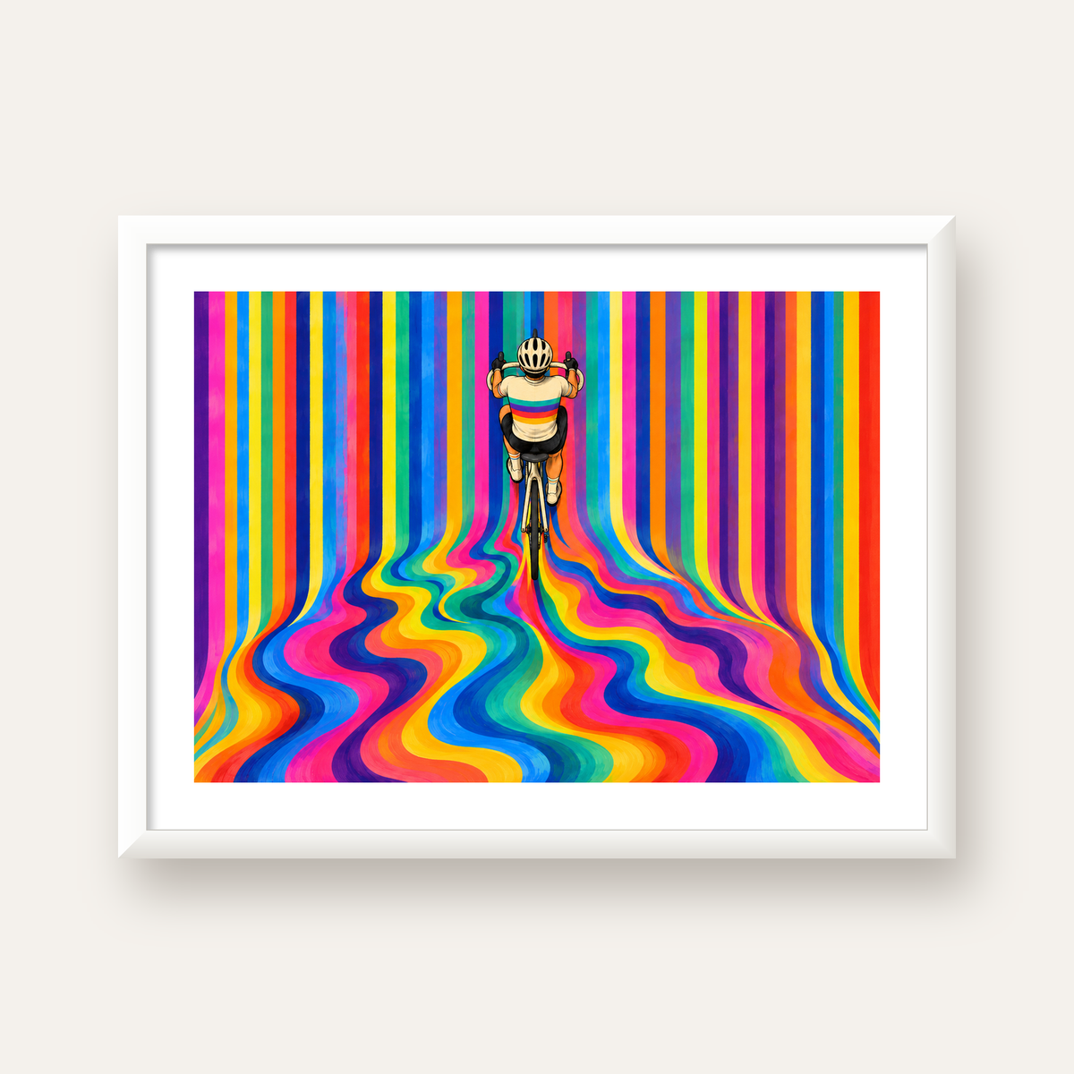 Renkli Çizgiler Arasında Bisikletçi Sanat Poster — beyaz çerçeveli yatay poster