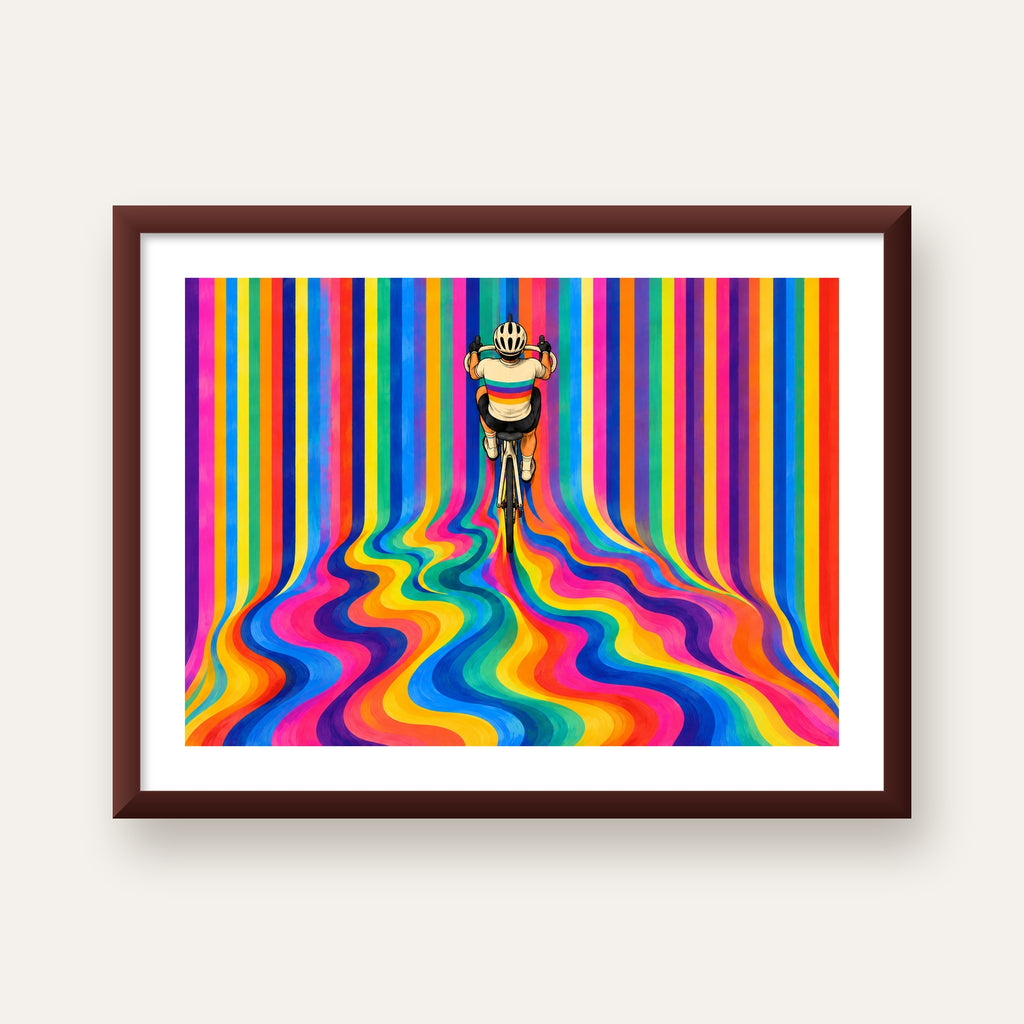 Renkli Çizgiler Arasında Bisikletçi Sanat Poster — ceviz çerçeveli paspartulu