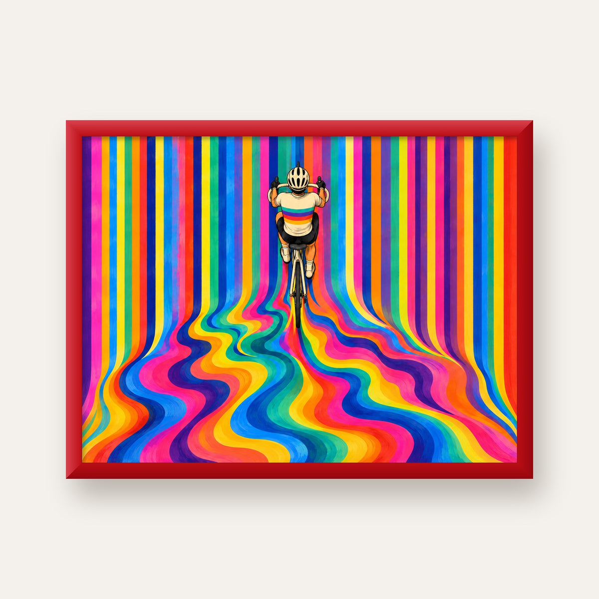 Renkli Çizgiler Arasında Bisikletçi Sanat Poster — kırmızı çerçeveli