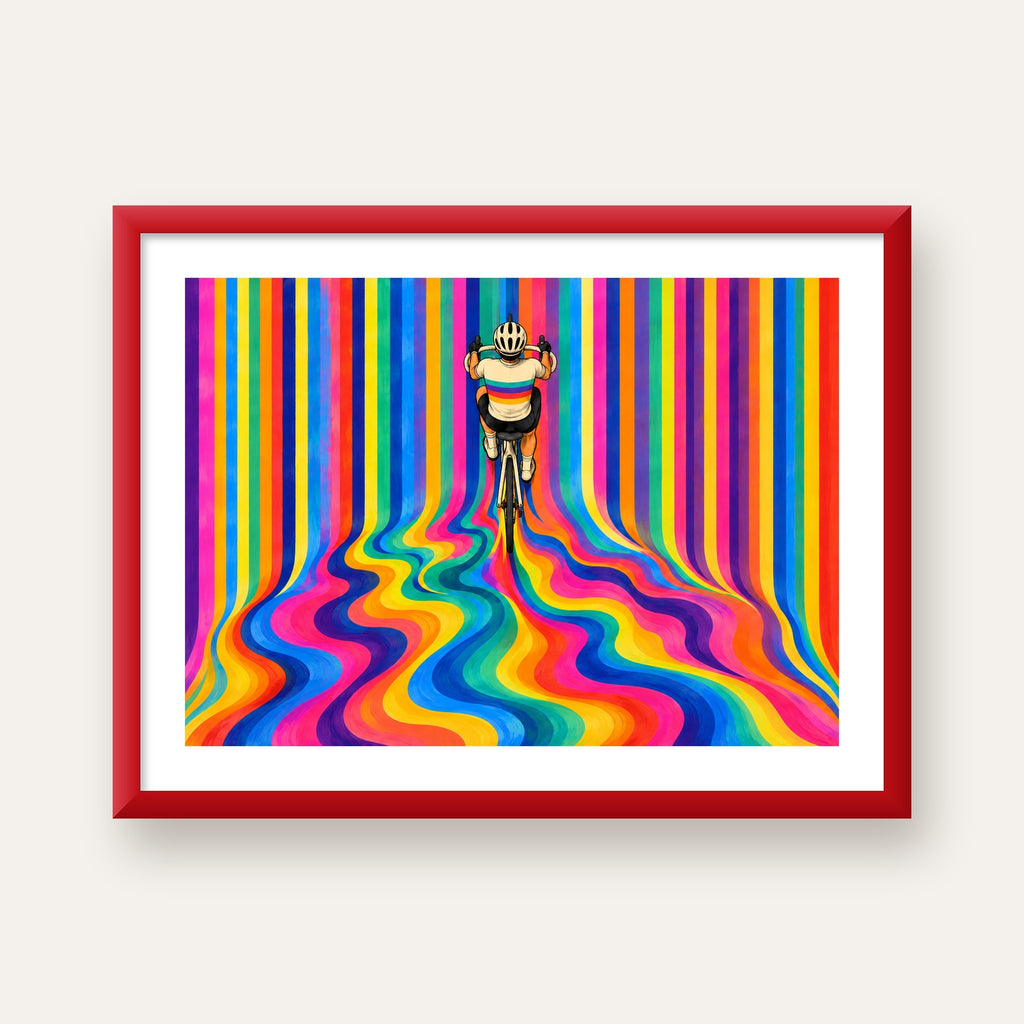 Renkli Çizgiler Arasında Bisikletçi Sanat Poster — kırmızı çerçeveli paspartulu