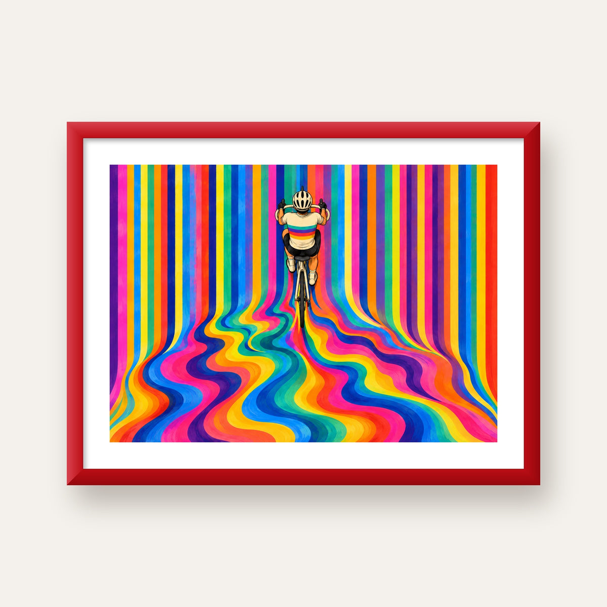 Renkli Çizgiler Arasında Bisikletçi Sanat Poster — kırmızı çerçeveli paspartulu