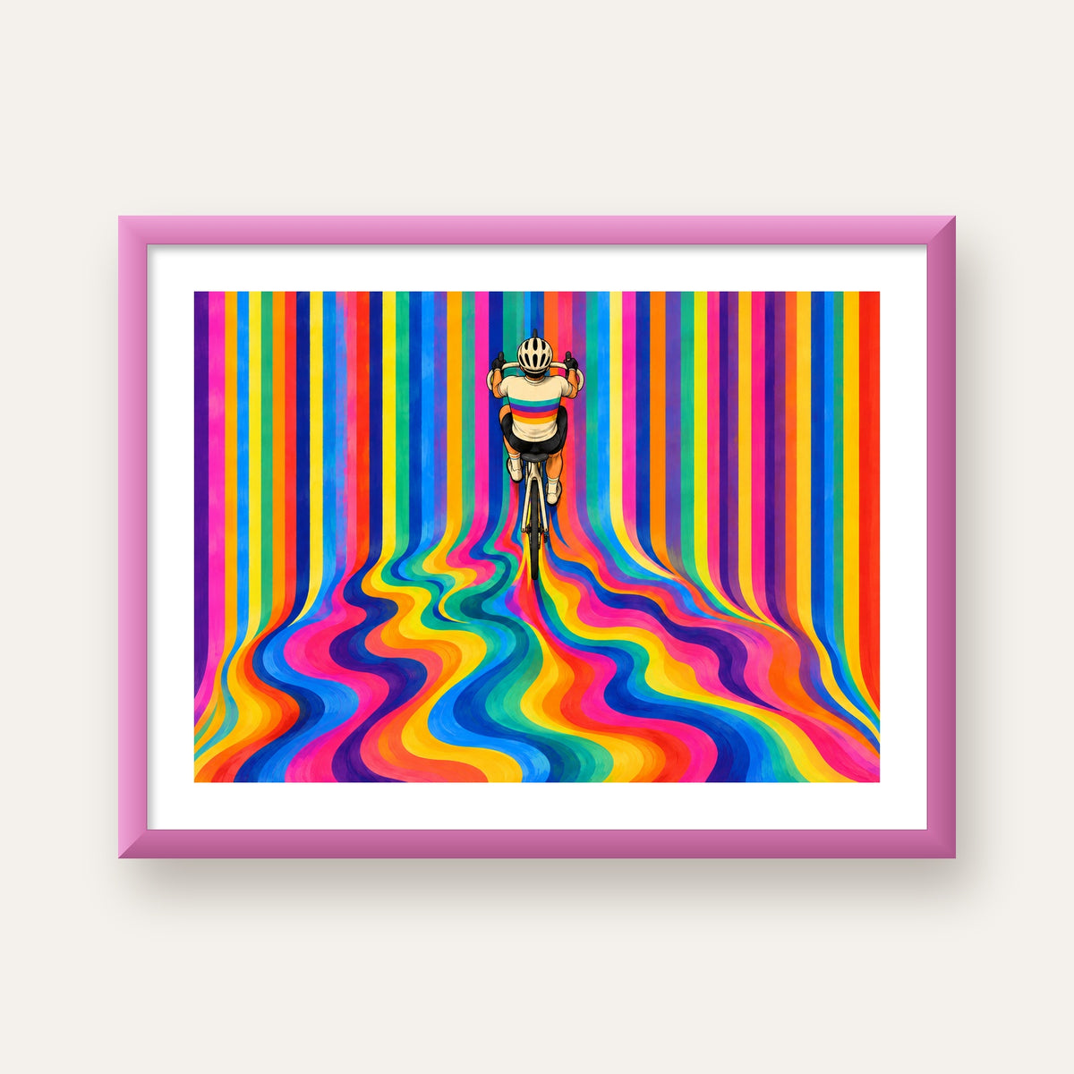 Renkli Çizgiler Arasında Bisikletçi Sanat Poster — pembe çerçeveli paspartulu