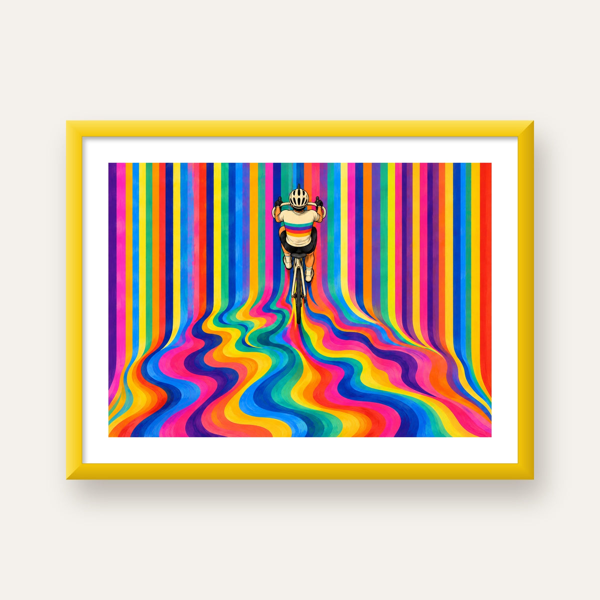 Renkli Çizgiler Arasında Bisikletçi Sanat Poster — sarı çerçeveli paspartulu