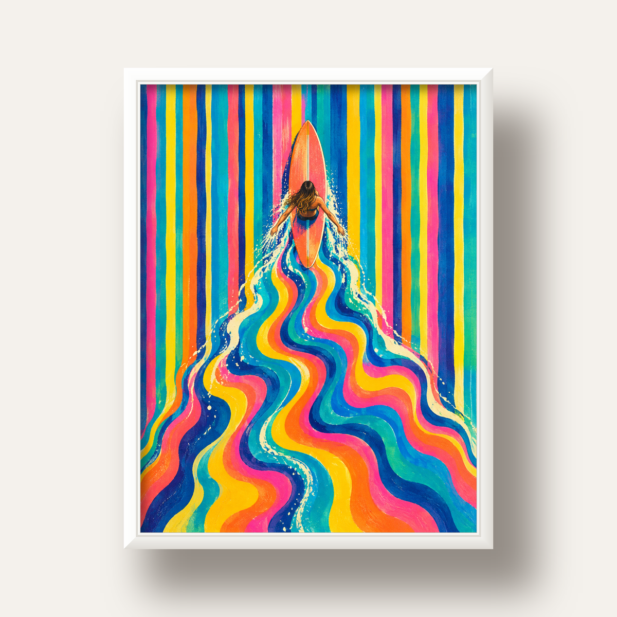 Renkli Sörf Yapan Kadın Modern Soyut Poster — beyaz derin çerçeveli