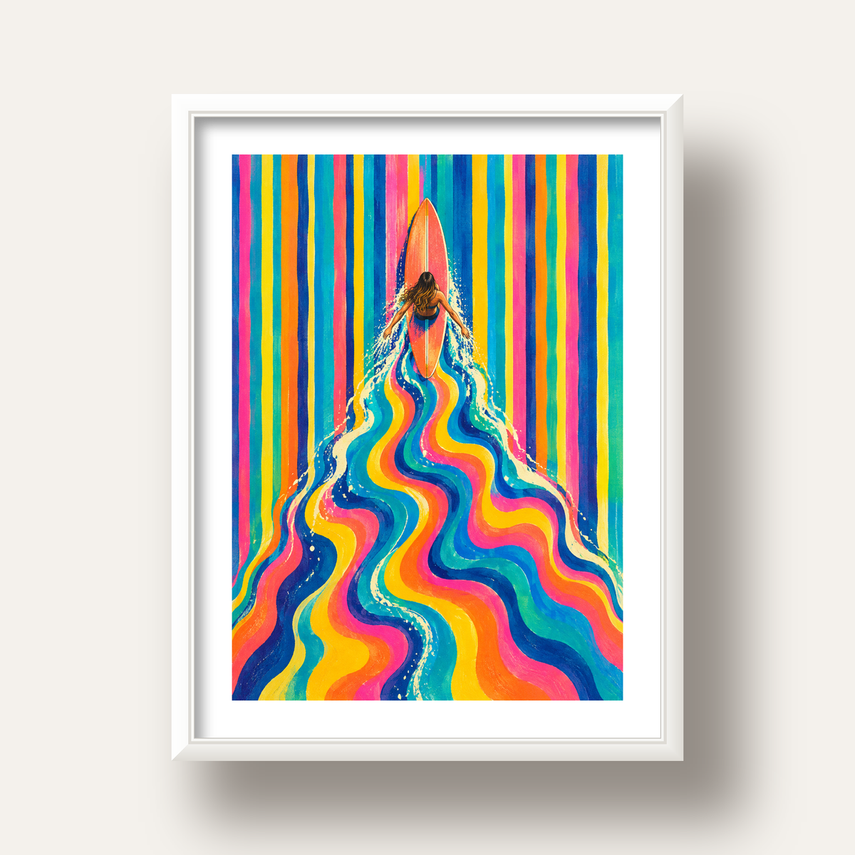 Renkli Sörf Yapan Kadın Modern Soyut Poster — beyaz derin çerçeveli paspartulu