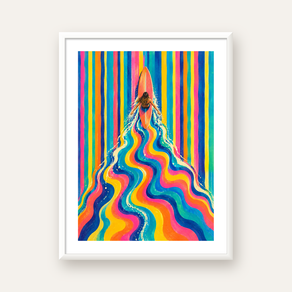 Renkli Sörf Yapan Kadın Modern Soyut Poster — beyaz çerçeveli dikey poster