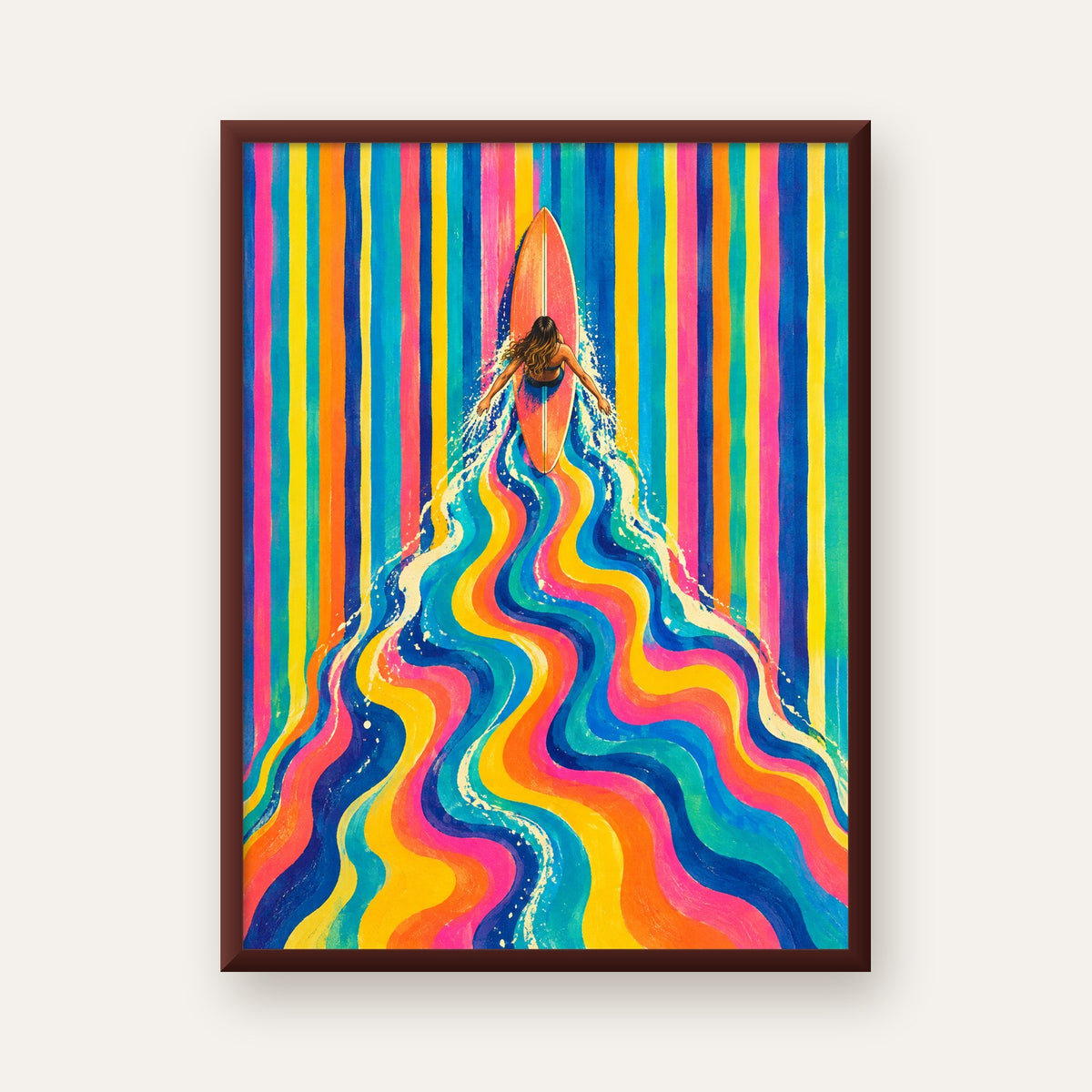 Renkli Sörf Yapan Kadın Modern Soyut Poster — ceviz çerçeveli