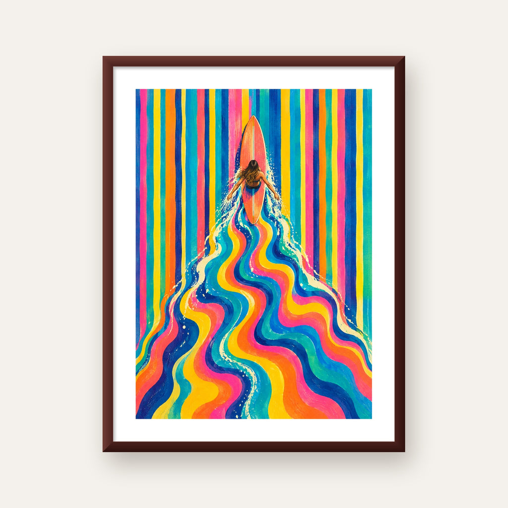 Renkli Sörf Yapan Kadın Modern Soyut Poster — ceviz çerçeveli paspartulu