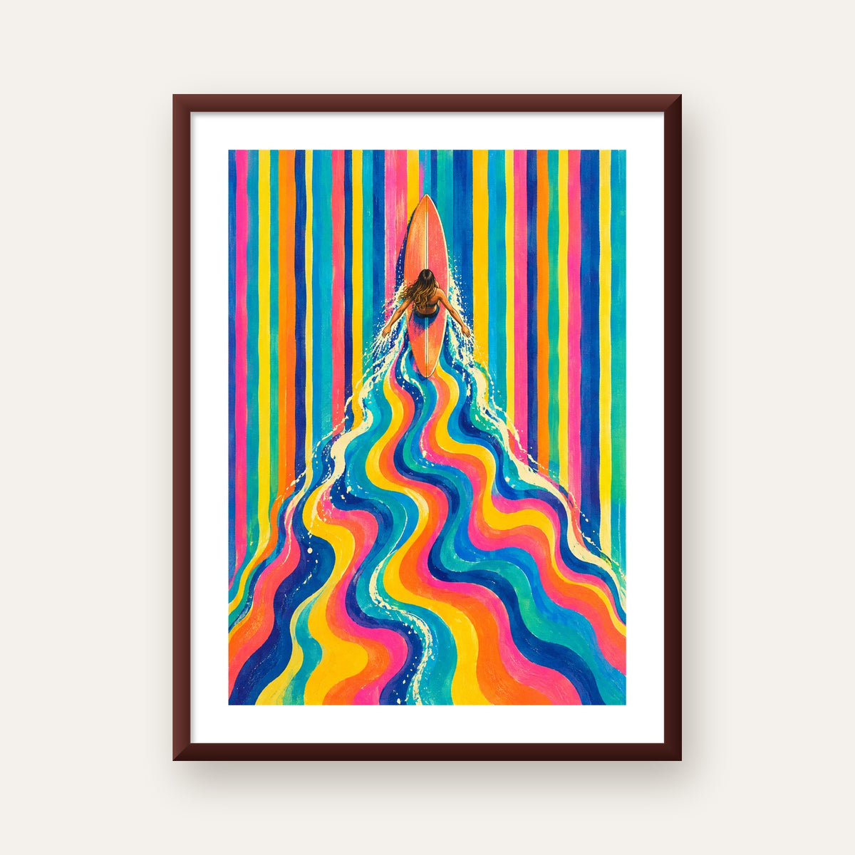 Renkli Sörf Yapan Kadın Modern Soyut Poster — ceviz çerçeveli paspartulu