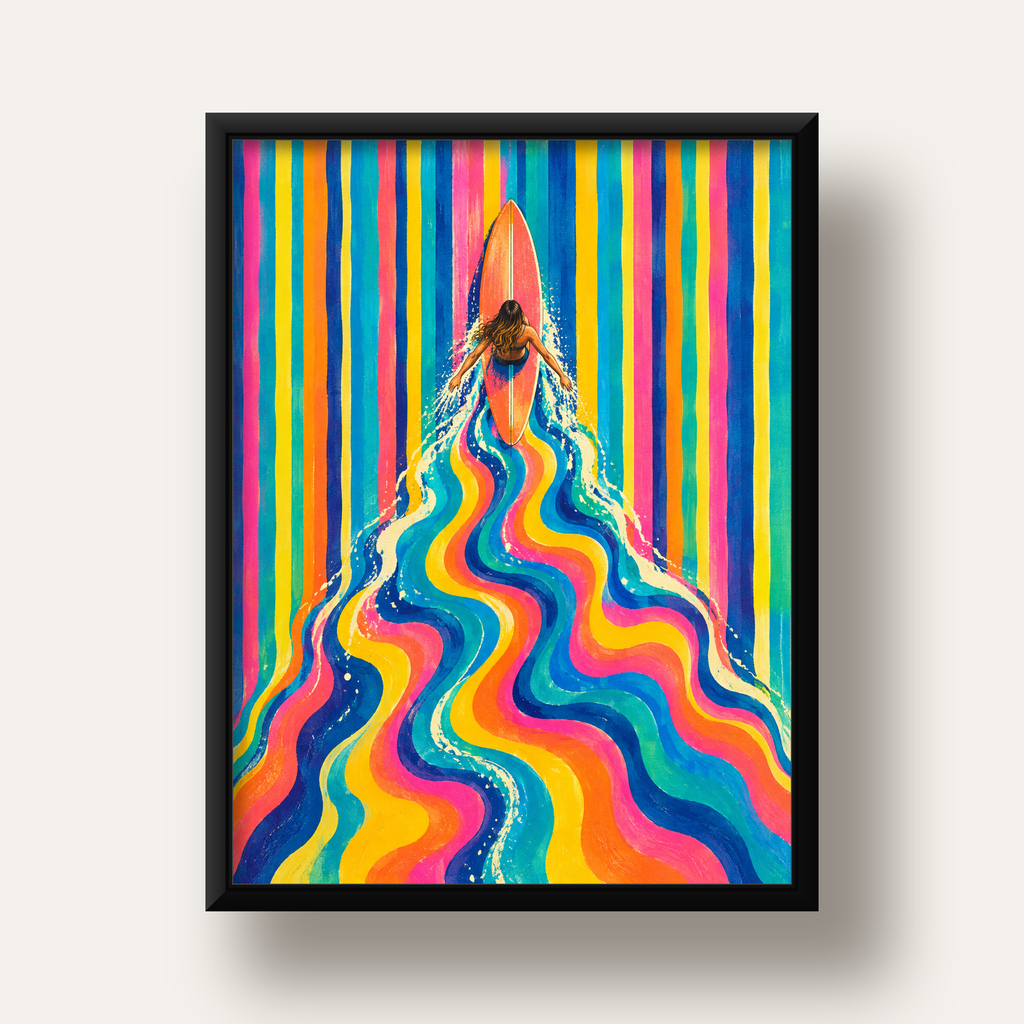 Renkli Sörf Yapan Kadın Modern Soyut Poster — siyah derin çerçeveli