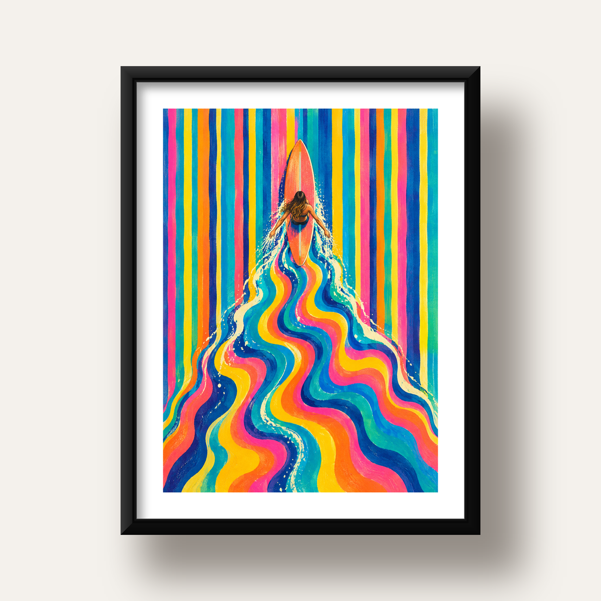 Renkli Sörf Yapan Kadın Modern Soyut Poster — siyah derin çerçeveli paspartulu
