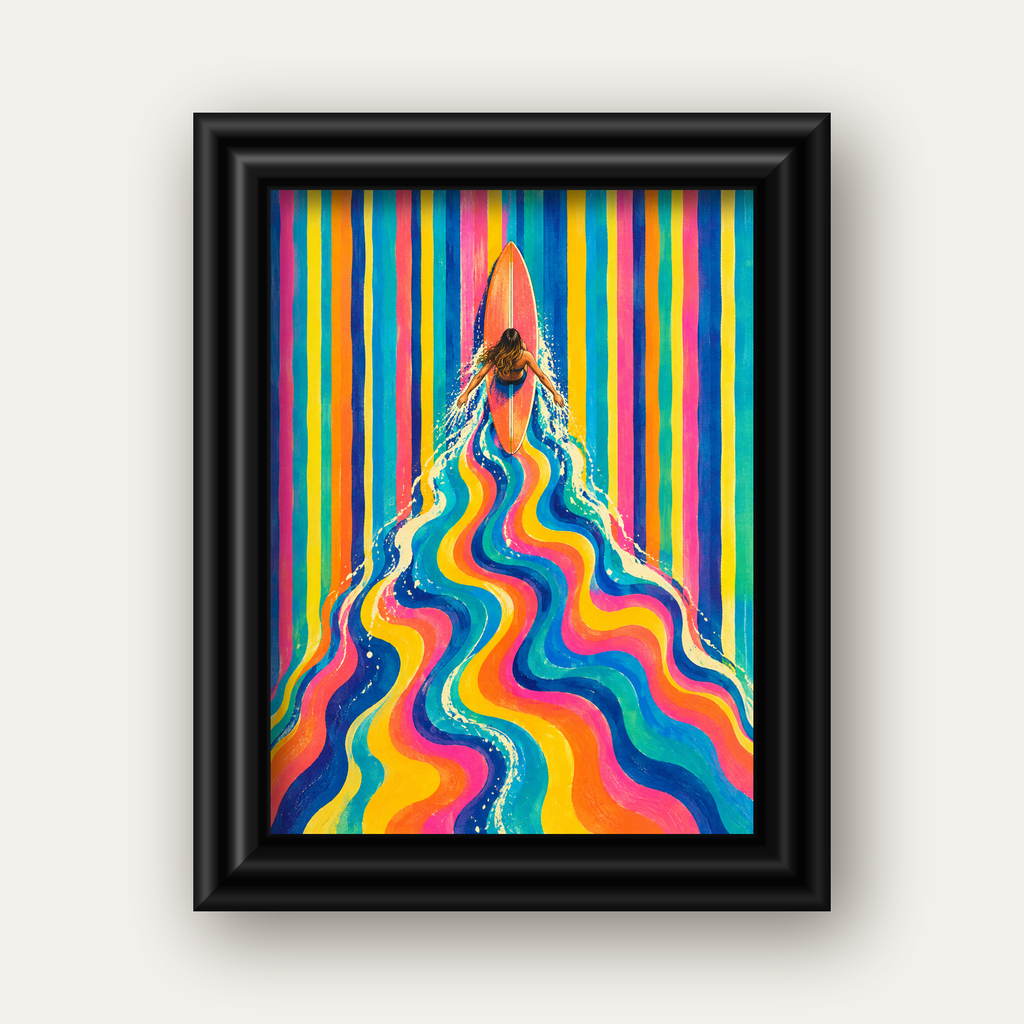 Renkli Sörf Yapan Kadın Modern Soyut Poster — siyah galeri çerçeveli