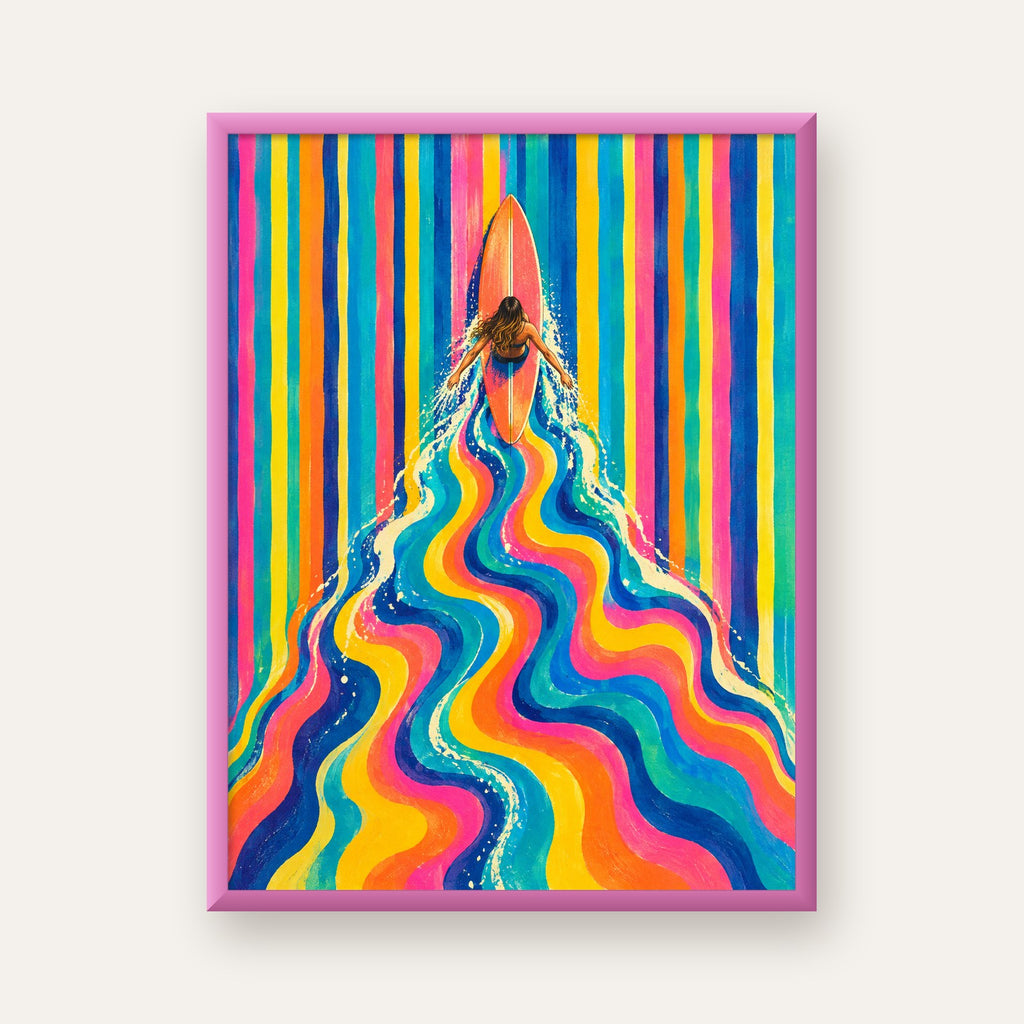 Renkli Sörf Yapan Kadın Modern Soyut Poster — pembe çerçeveli