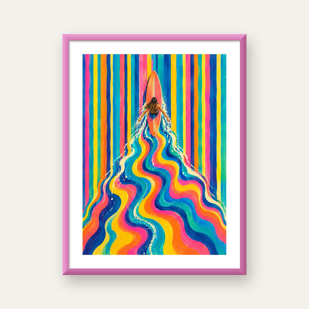Renkli Sörf Yapan Kadın Modern Soyut Poster — pembe çerçeveli paspartulu