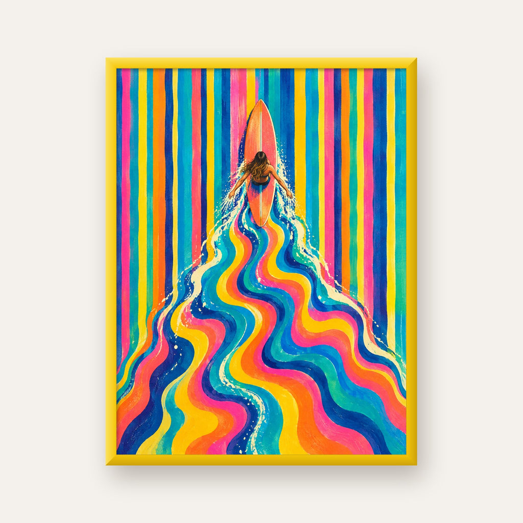 Renkli Sörf Yapan Kadın Modern Soyut Poster — sarı çerçeveli