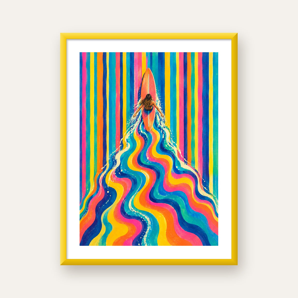 Renkli Sörf Yapan Kadın Modern Soyut Poster — sarı çerçeveli paspartulu
