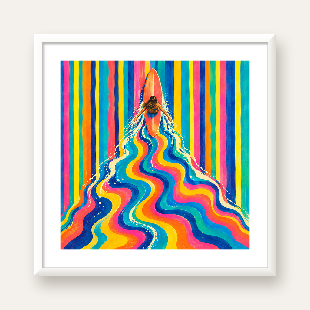 Renkli Sörf Yapan Kadın Modern Soyut Poster — beyaz çerçeveli kare poster