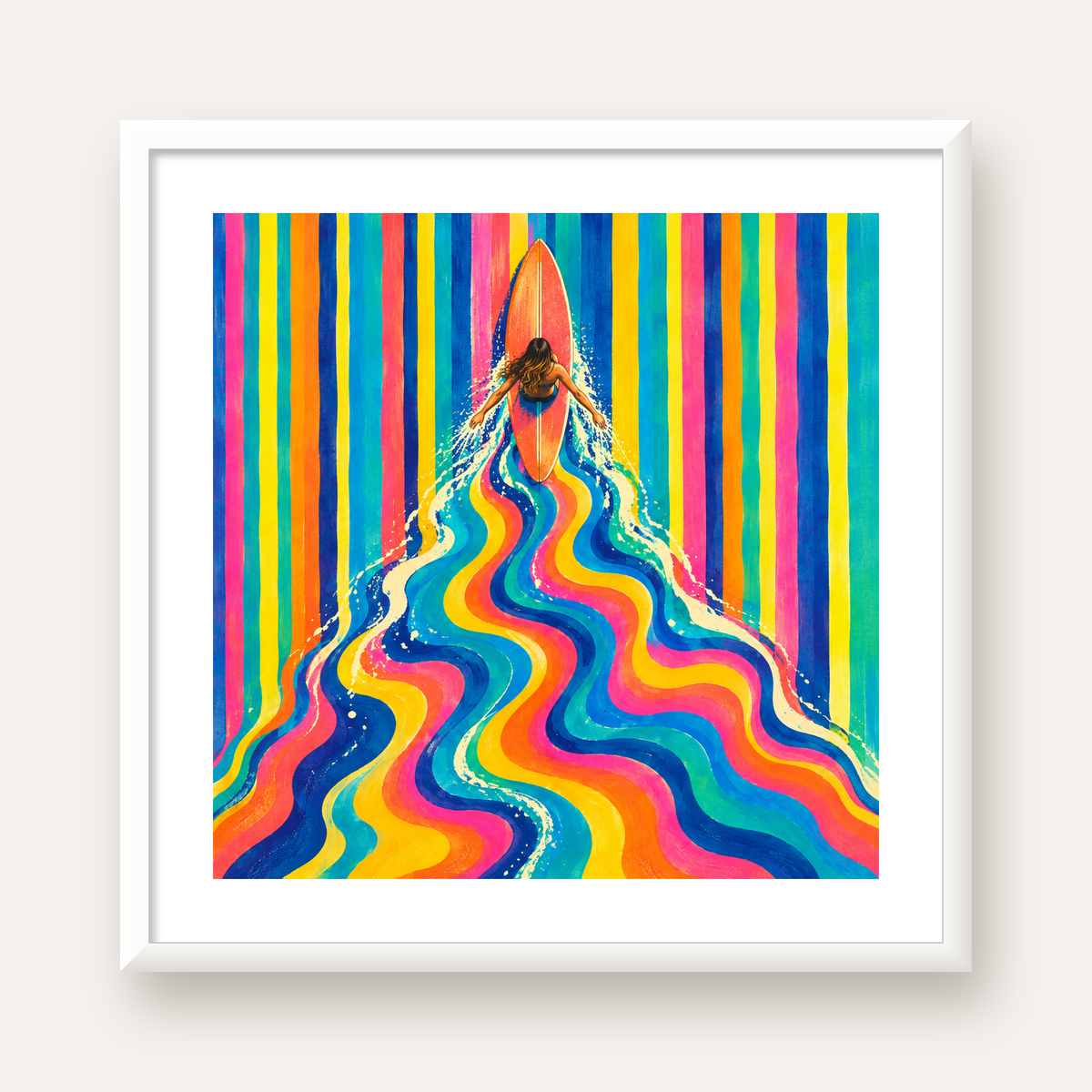 Renkli Sörf Yapan Kadın Modern Soyut Poster — beyaz çerçeveli kare poster