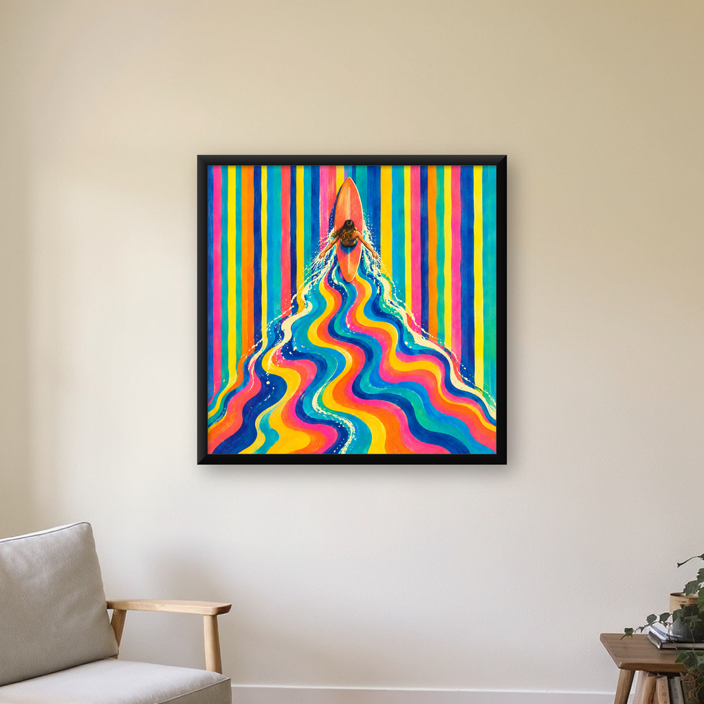 Renkli Sörf Yapan Kadın Modern Soyut Poster — Kare baskı, çerçeveli hâliyle bir ev duvarında