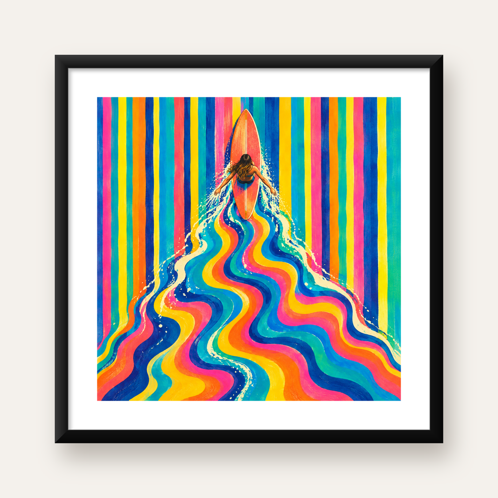 Renkli Sörf Yapan Kadın Modern Soyut Poster — Kare baskı, beyaz paspartulu