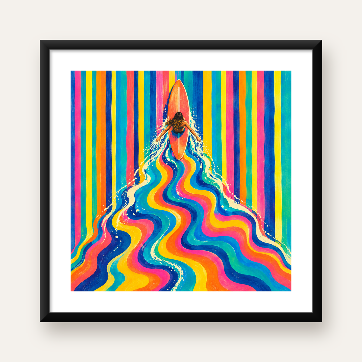 Renkli Sörf Yapan Kadın Modern Soyut Poster — Kare baskı, beyaz paspartulu