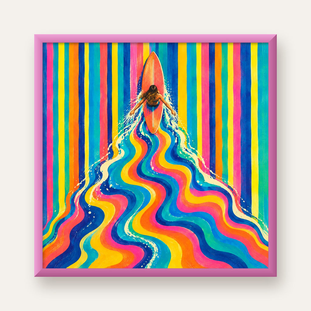 Renkli Sörf Yapan Kadın Modern Soyut Poster — pembe çerçeveli