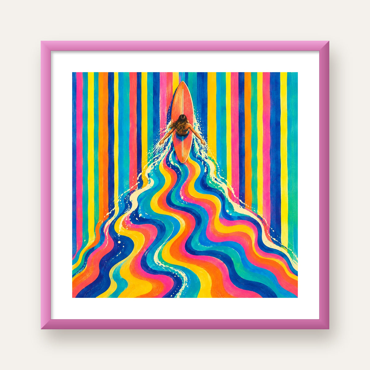 Renkli Sörf Yapan Kadın Modern Soyut Poster — pembe çerçeveli paspartulu