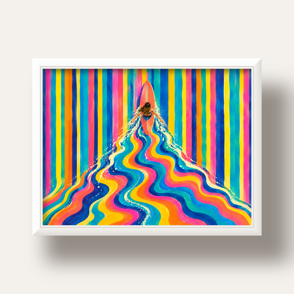 Renkli Sörf Yapan Kadın Modern Soyut Poster — beyaz derin çerçeveli