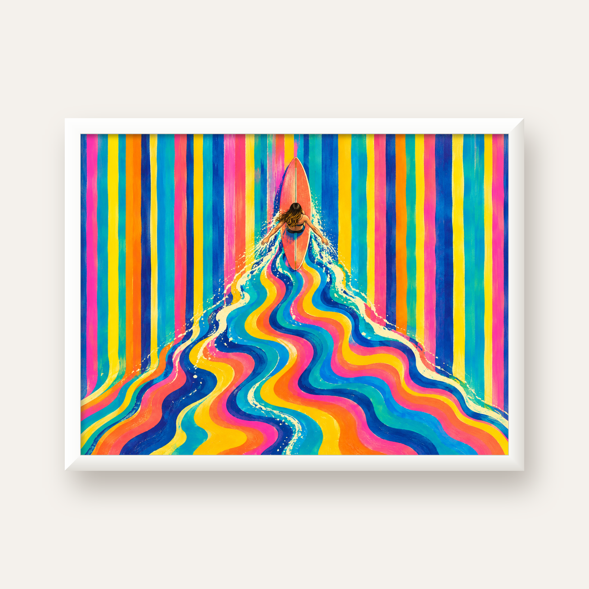 Renkli Sörf Yapan Kadın Modern Soyut Poster — beyaz çerçeveli yatay poster