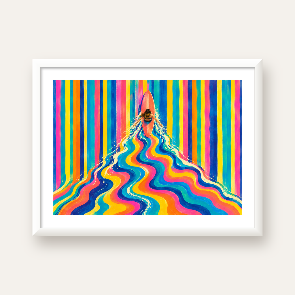 Renkli Sörf Yapan Kadın Modern Soyut Poster — beyaz çerçeveli yatay poster