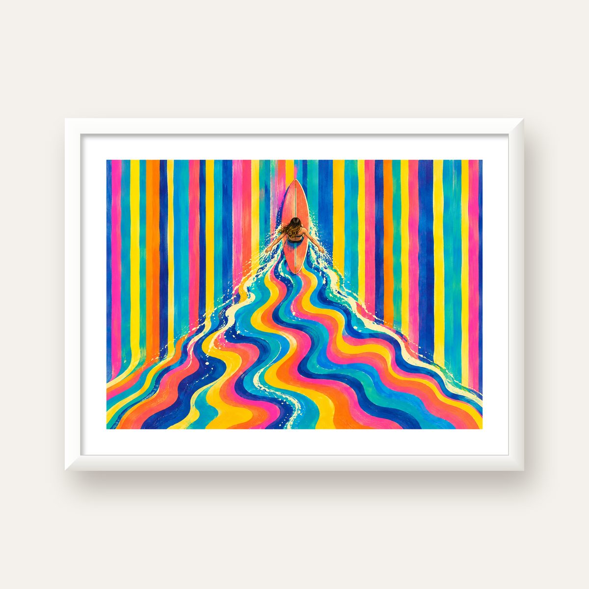 Renkli Sörf Yapan Kadın Modern Soyut Poster — beyaz çerçeveli yatay poster