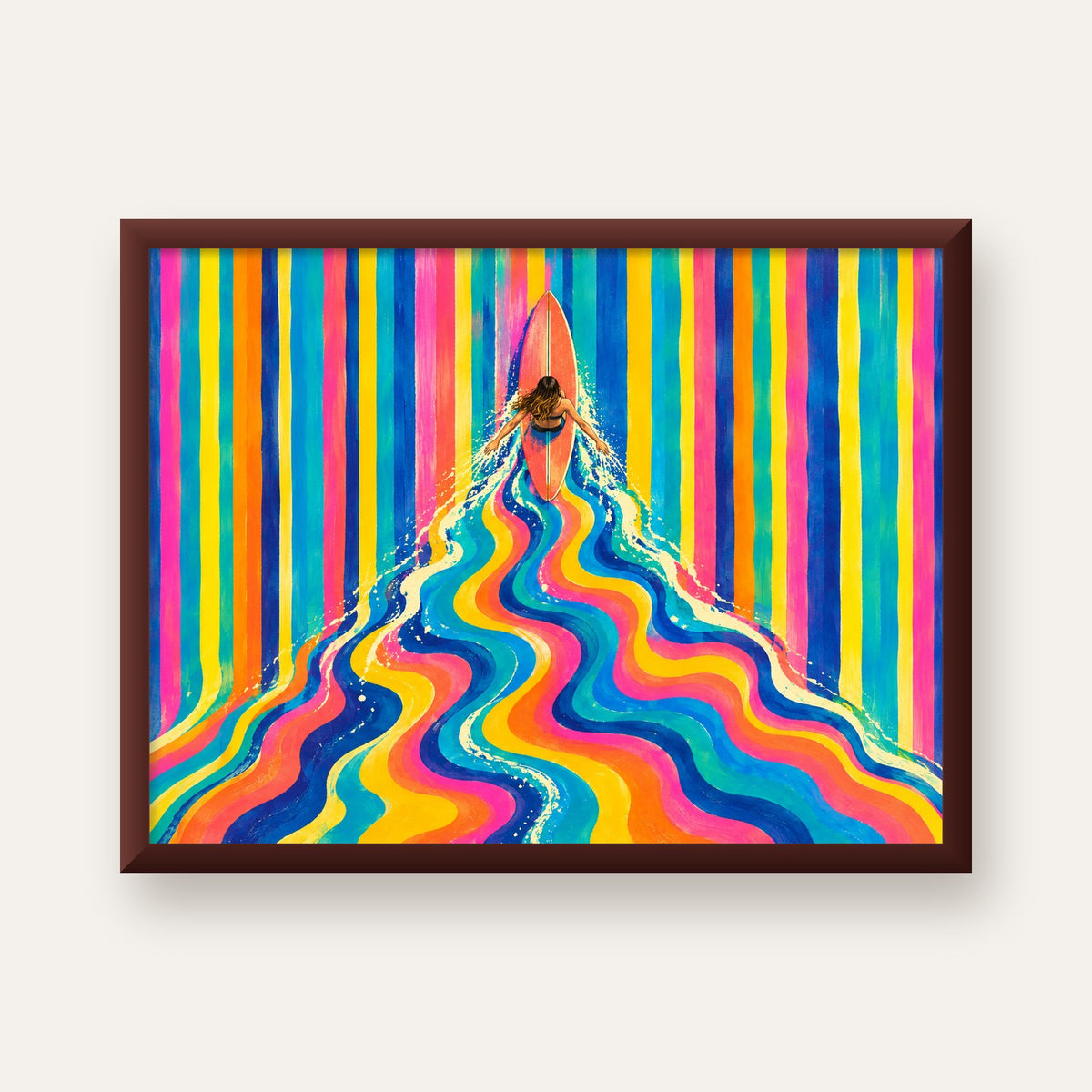 Renkli Sörf Yapan Kadın Modern Soyut Poster — ceviz çerçeveli