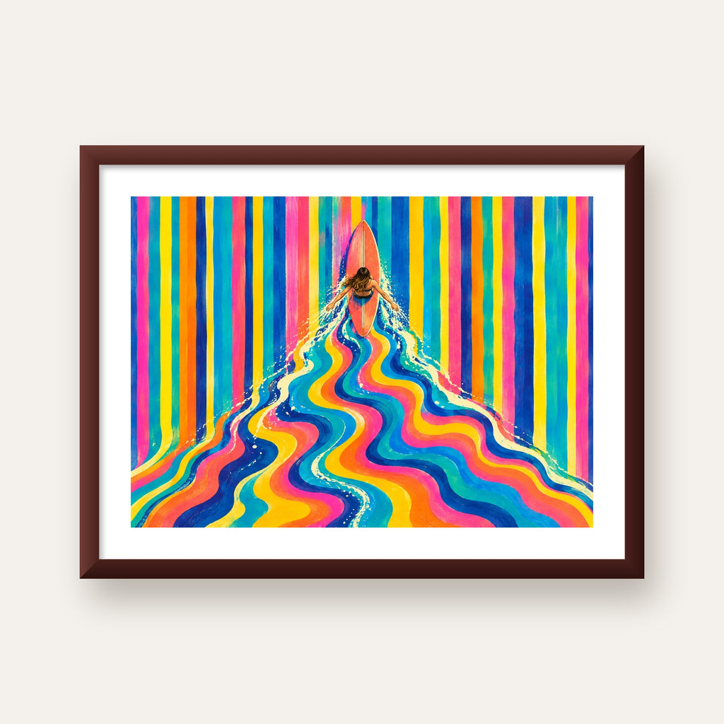 Renkli Sörf Yapan Kadın Modern Soyut Poster — ceviz çerçeveli paspartulu