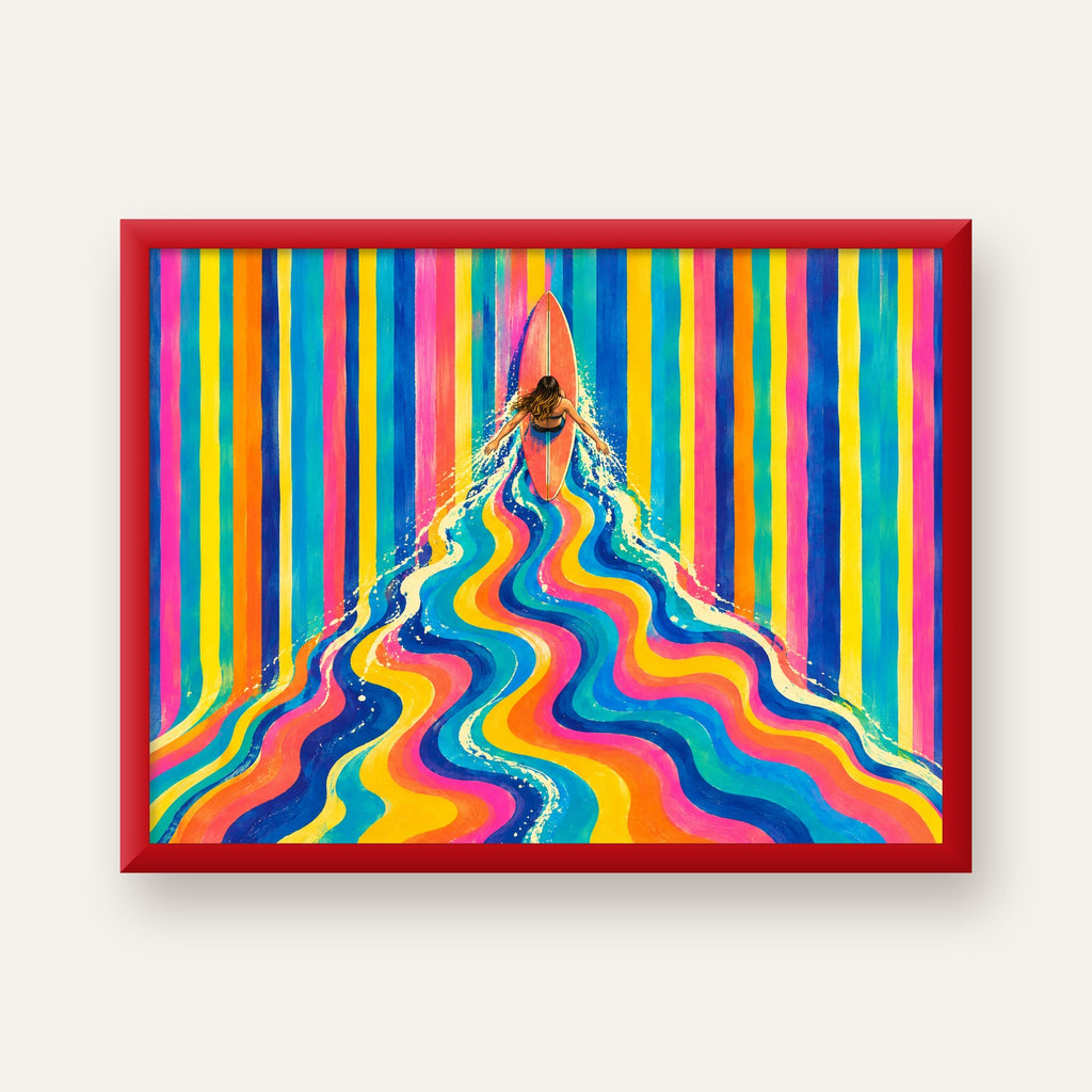 Renkli Sörf Yapan Kadın Modern Soyut Poster — kırmızı çerçeveli