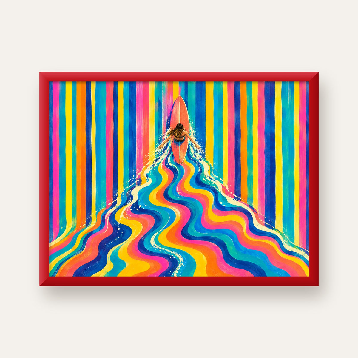 Renkli Sörf Yapan Kadın Modern Soyut Poster — kırmızı çerçeveli
