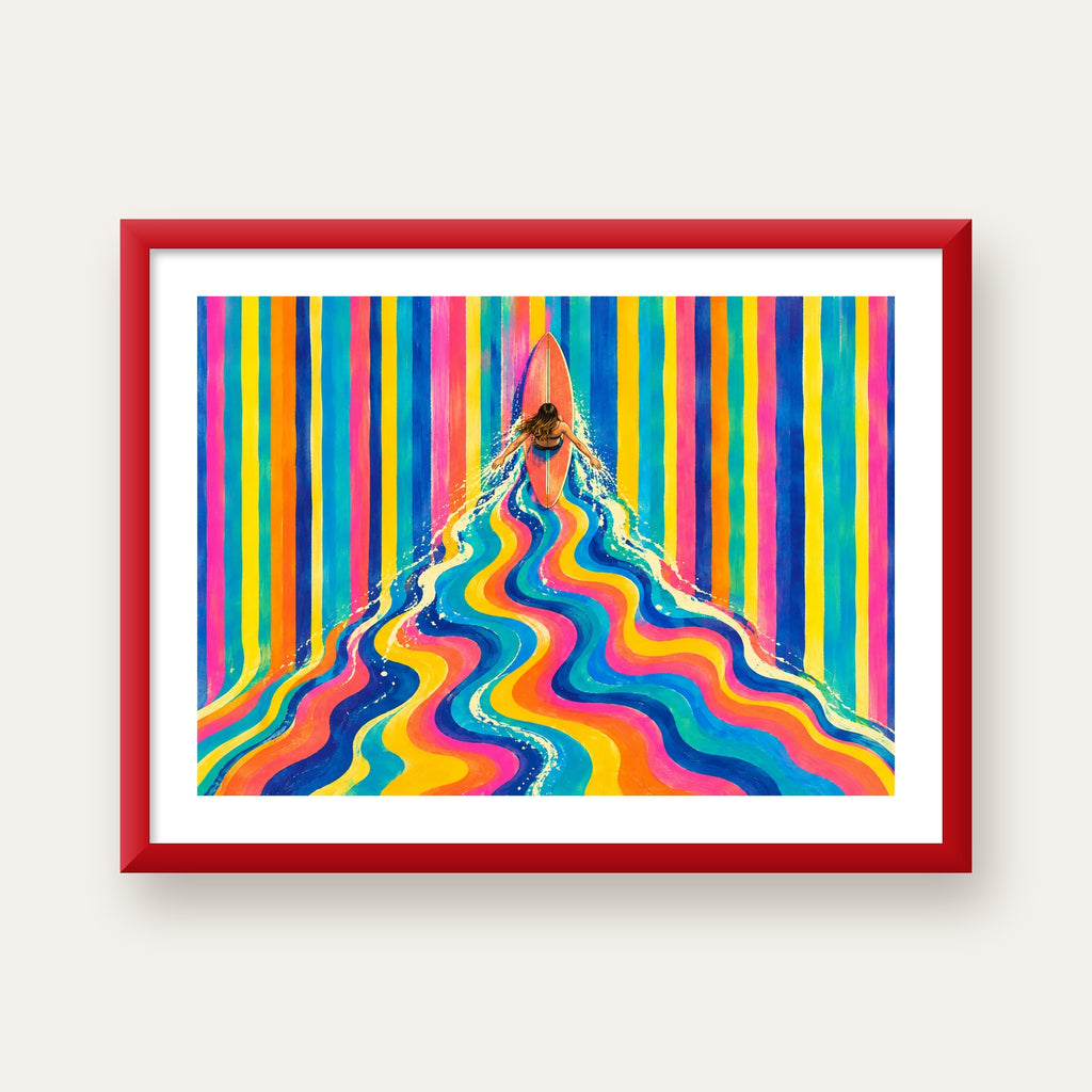 Renkli Sörf Yapan Kadın Modern Soyut Poster — kırmızı çerçeveli paspartulu