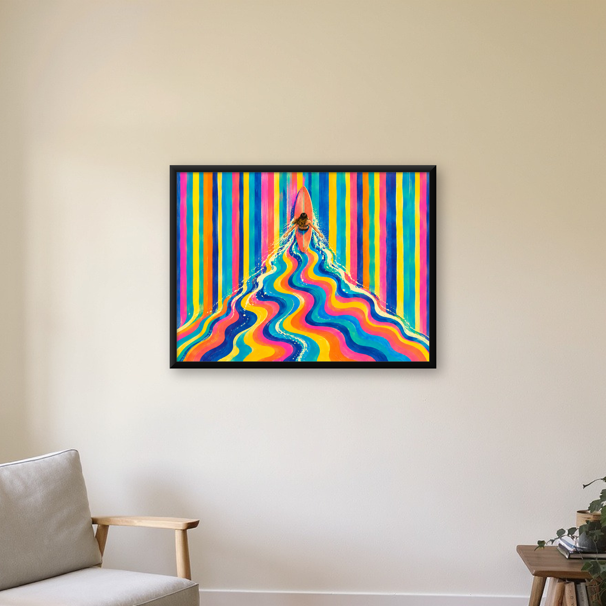 Renkli Sörf Yapan Kadın Modern Soyut Poster — Yatay baskı, çerçeveli hâliyle bir ev duvarında