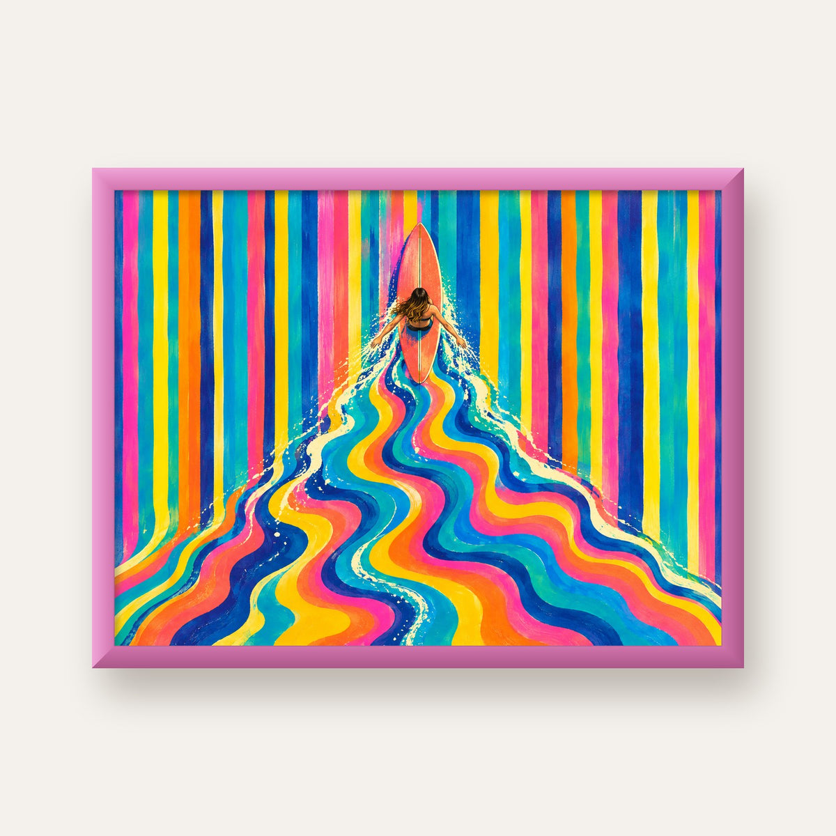 Renkli Sörf Yapan Kadın Modern Soyut Poster — pembe çerçeveli